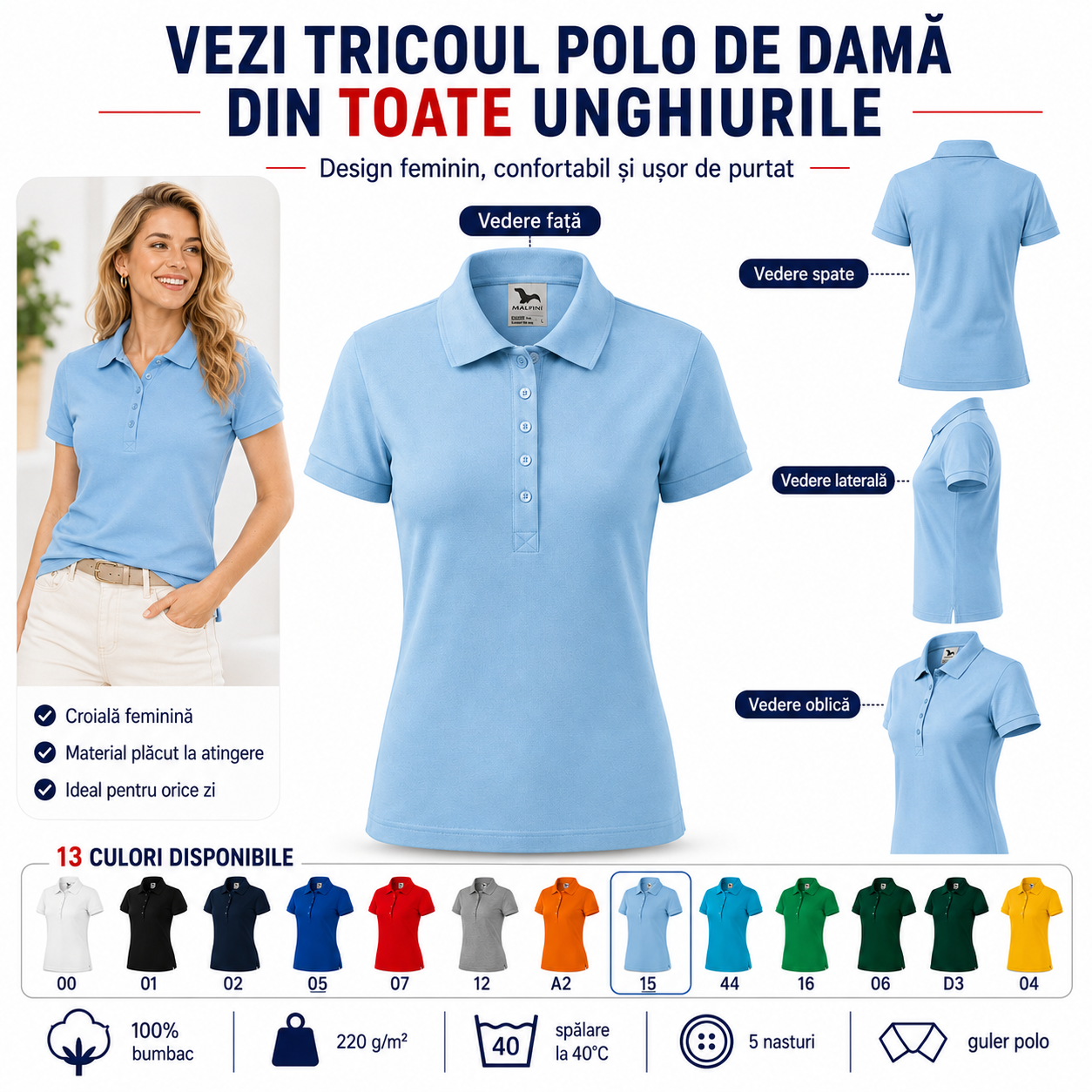 Tricou polo damă casual office, potrivit pentru birou, oraș, vacanță și timp liber